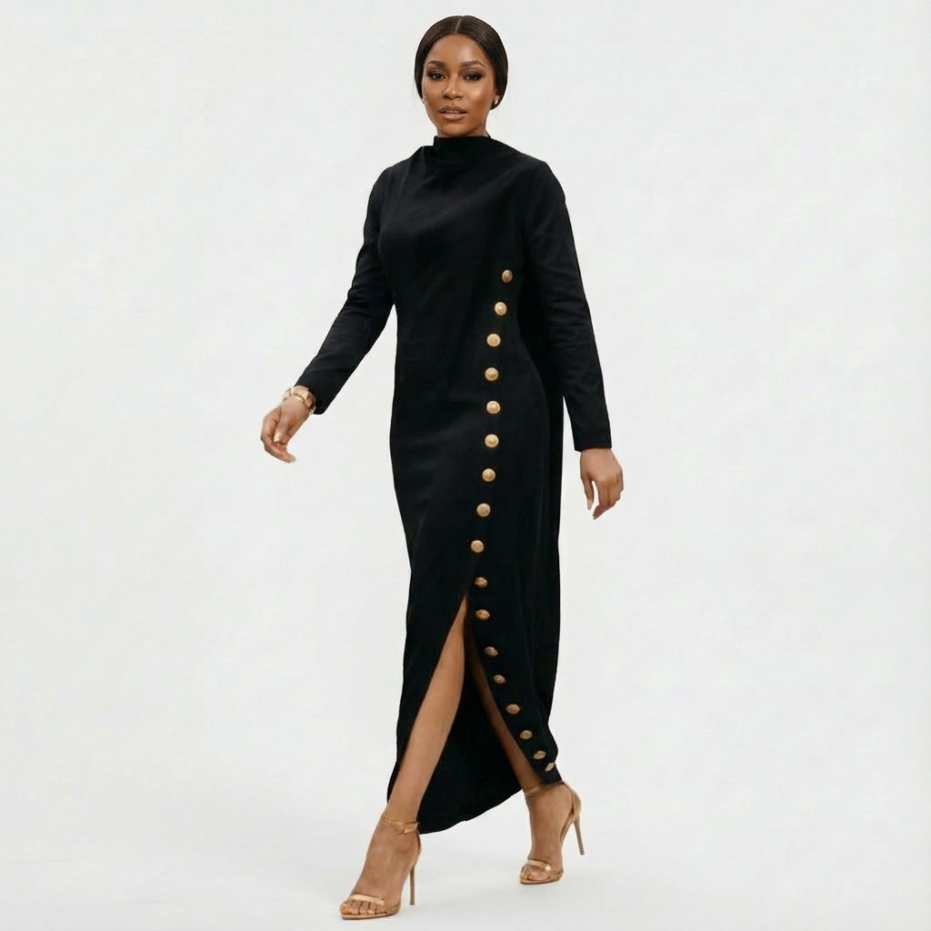 Chic orange maxi dress for women, featuring a stylish high-neck, long sleeves, and a modern gold button side slit detail.