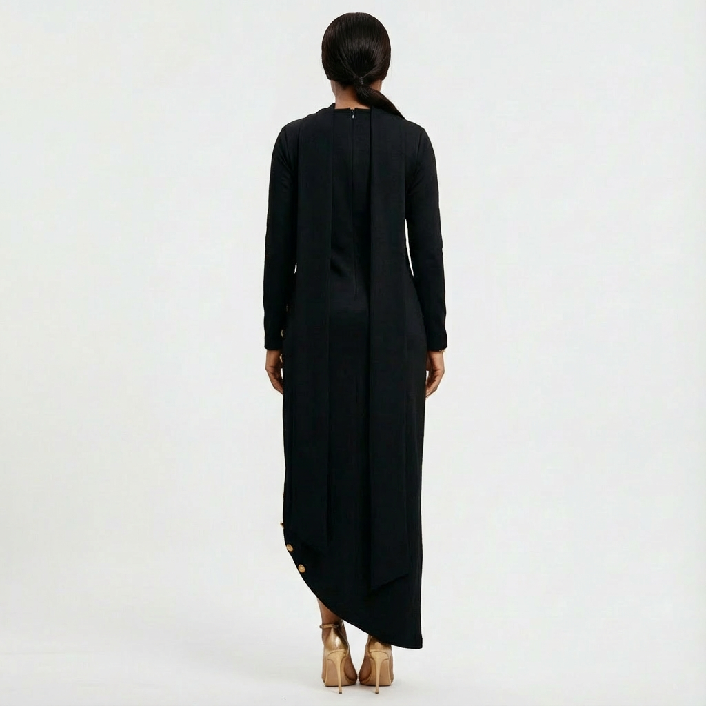 Elegant women's high-neck black maxi evening dress with long sleeves & sophisticated gold button detail side slit design.