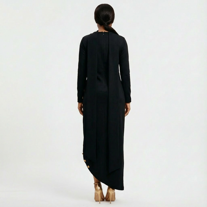 Elegant women's high-neck black maxi evening dress with long sleeves & sophisticated gold button detail side slit design.