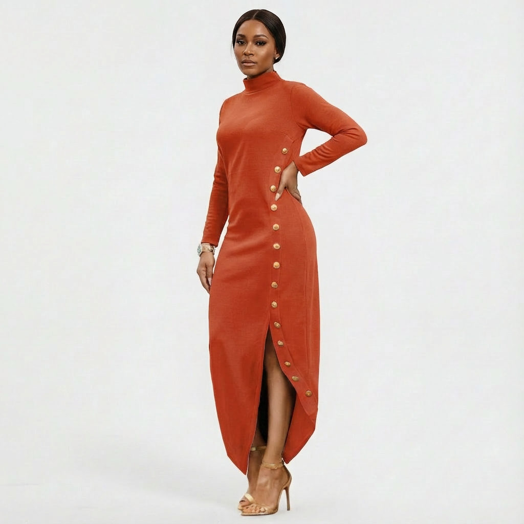 Formal women's long-sleeve maxi dress in black, featuring a high-neckline and a stylish gold button side slit.