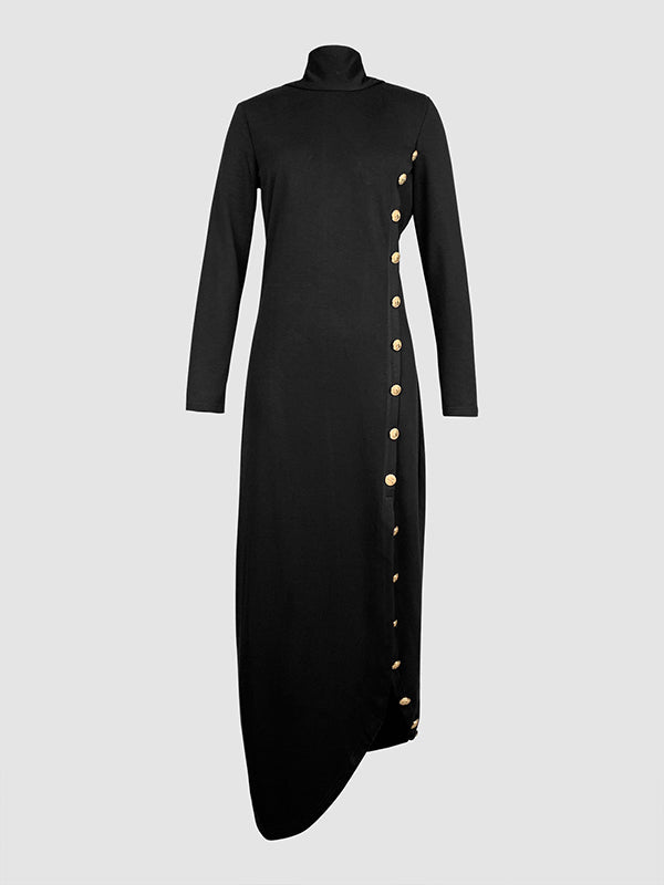 Modern women's black maxi dress, high-neck, long sleeves, and unique gold button detailing with a stylish side slit.