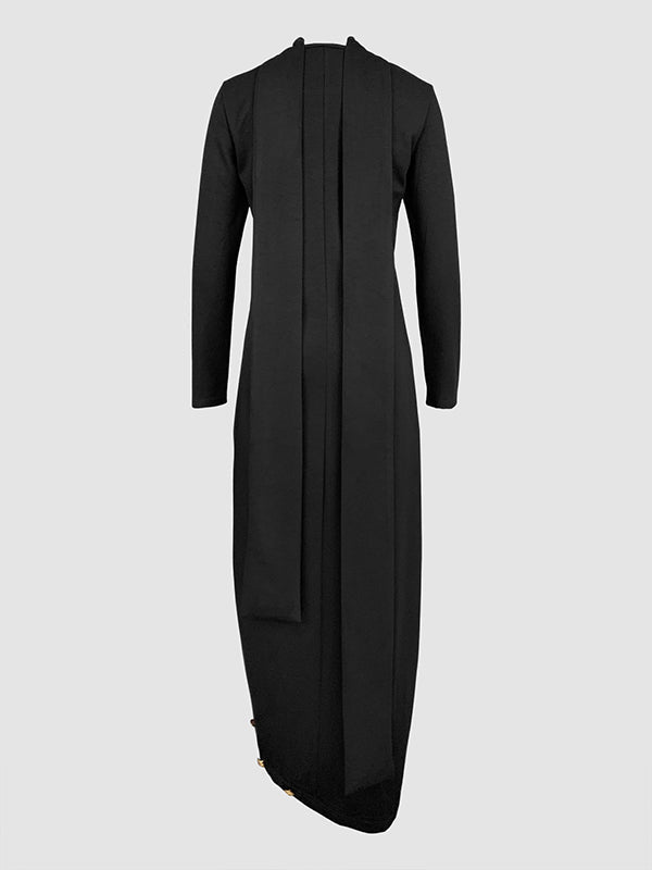Elegant women's high-neck long-sleeve orange maxi dress for evening wear, featuring a fashionable gold button slit.