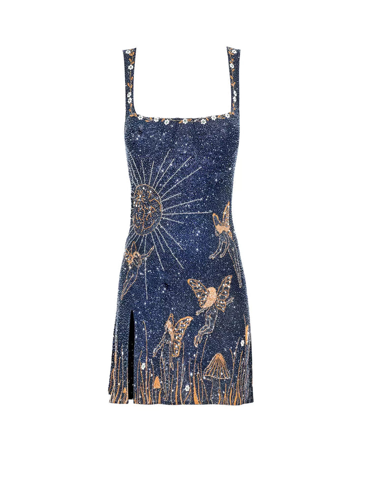 Women's blue celestial print bodycon mini dress with square neck and thigh slit. Perfect for parties & clubwear.