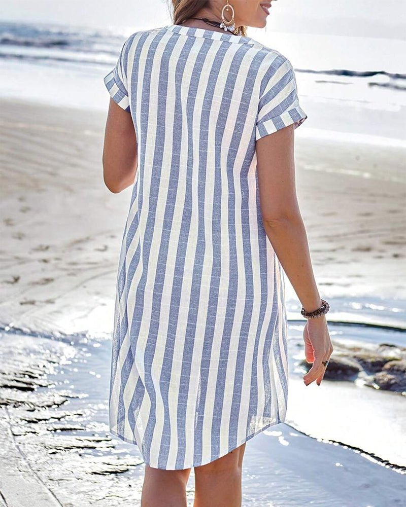 Versatile women's striped shirt dress. Casual blue v-neck design for summer comfort & everyday wear.