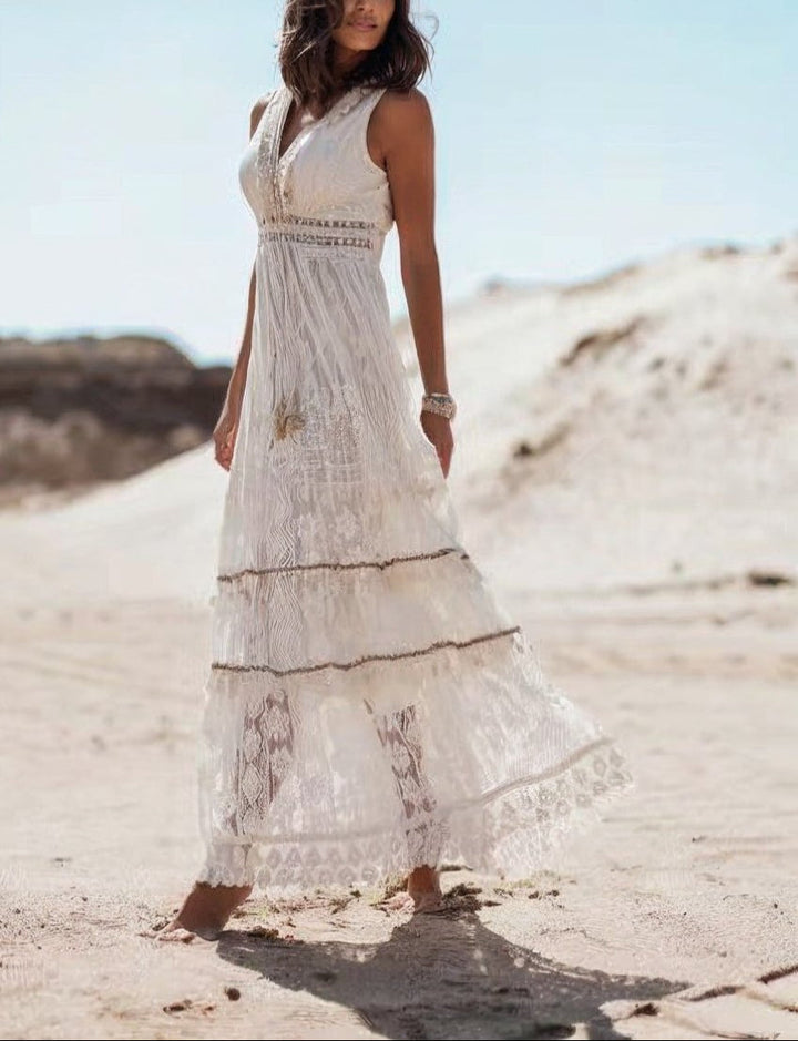 Elegant women's sleeveless boho maxi dress featuring delicate lace details, a flowy skirt, ideal for summer beachwear.