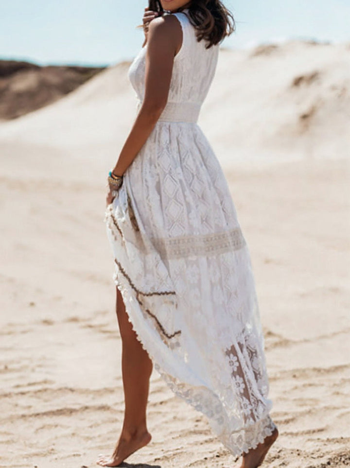 Comfortable women's sleeveless V-neck boho maxi dress with intricate lace fabric, a stylish choice for summer elegance.