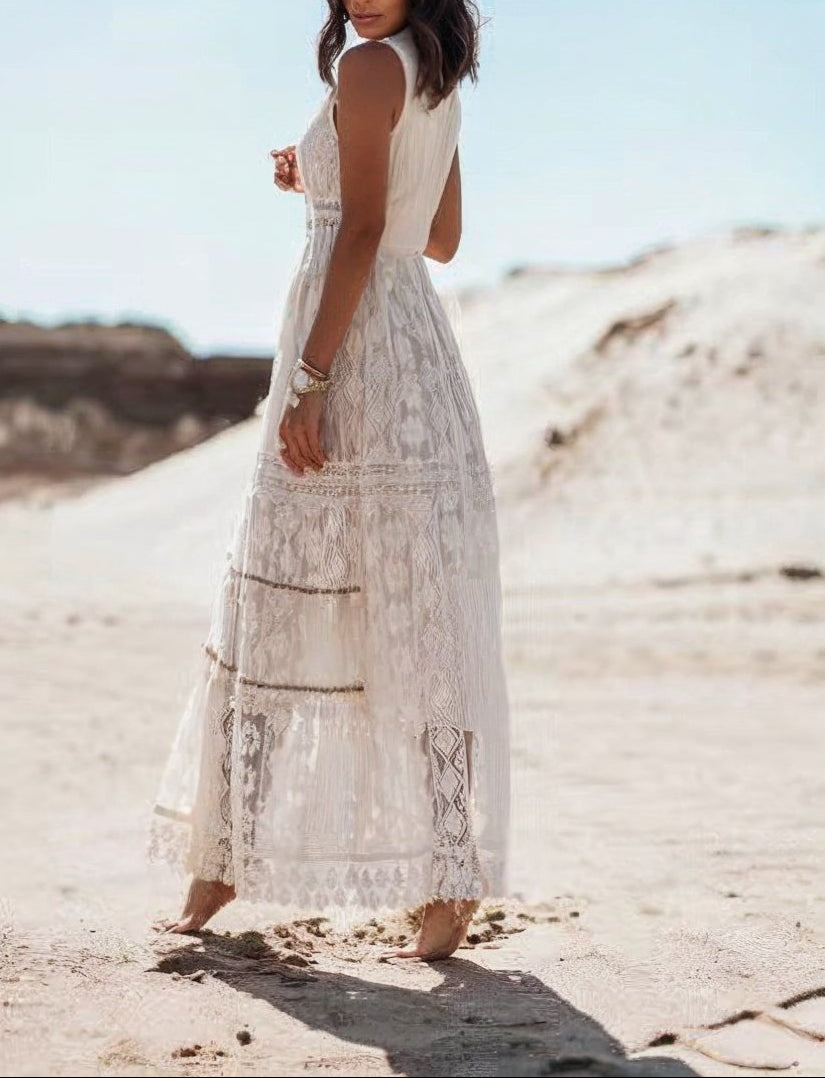 Stunning women's boho lace maxi dress with sleeveless V-neck, ideal for summer vacation, beach events, or elegant wear.