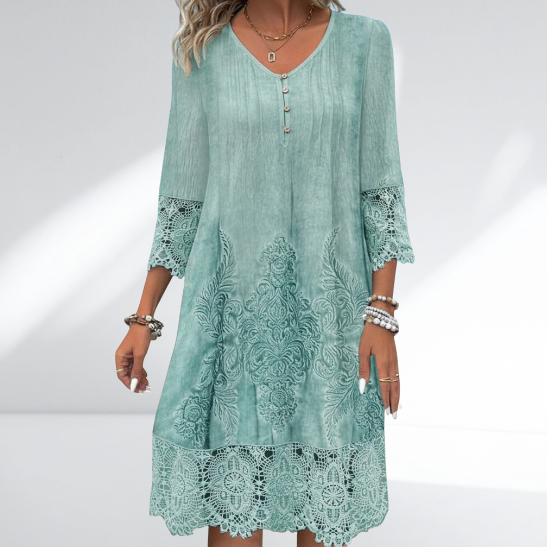 Women's boho lace trim midi dress with intricate embroidery & 3/4 sleeves, perfect for casual summer wear.