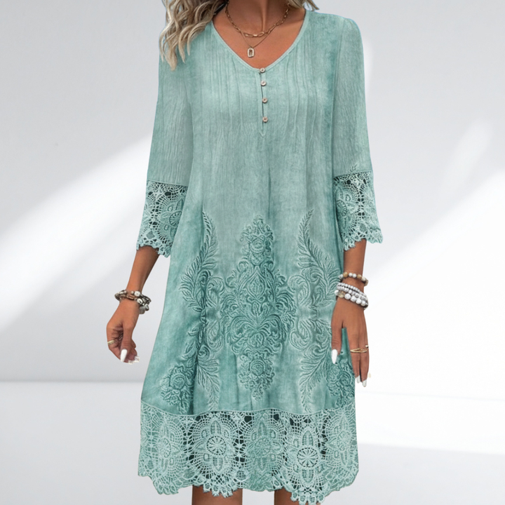 Women's boho lace trim midi dress with intricate embroidery & 3/4 sleeves, perfect for casual summer wear.