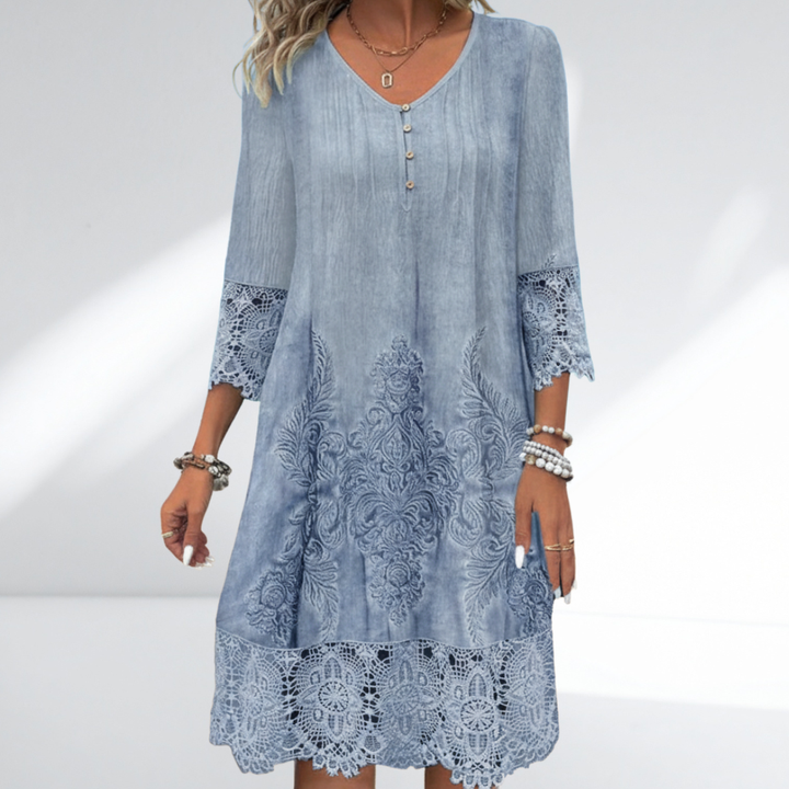 Casual A-line women's midi dress, relaxed fit, with lace & embroidery, ideal for comfortable vacation wear.