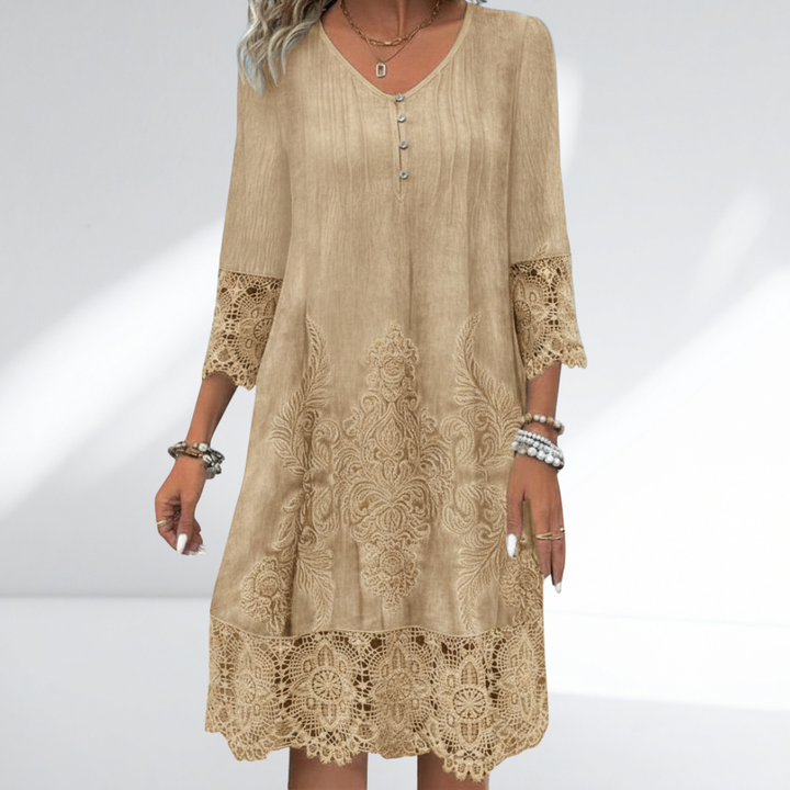 Feminine boho midi dress with delicate lace trim & 3/4 embroidered sleeves, a comfortable everyday summer style.