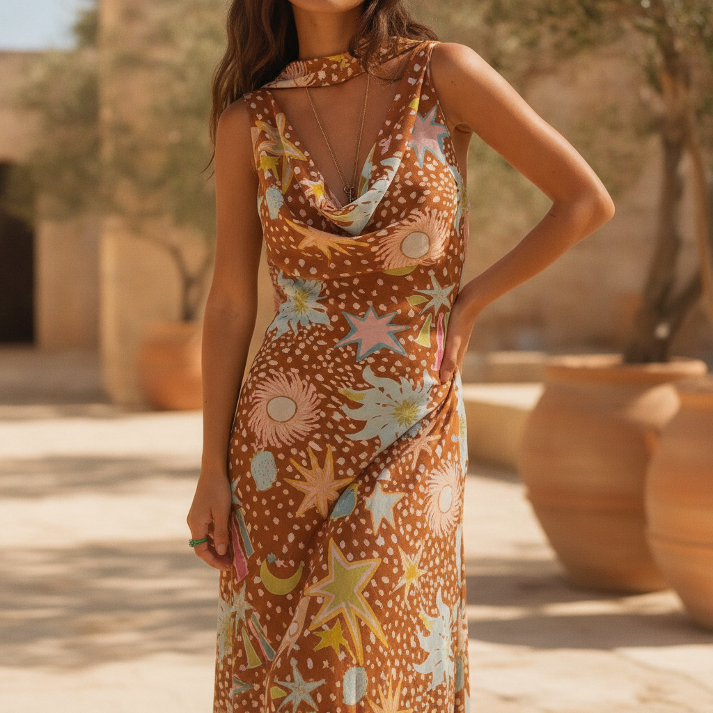 Women's brown fawn print cowl neck halter house maxi dress, elegant and flowy.