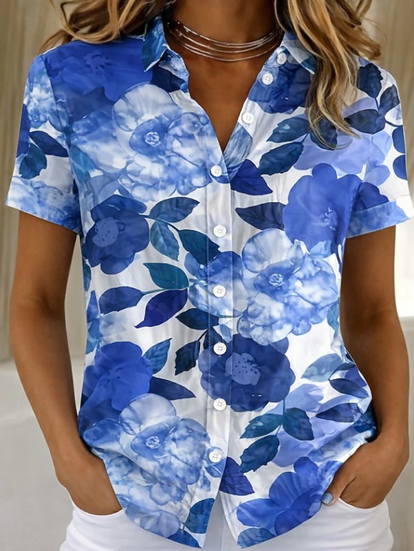 Versatile women's floral button-up shirt. A lightweight short sleeve blouse, perfect for spring and summer casual wear.