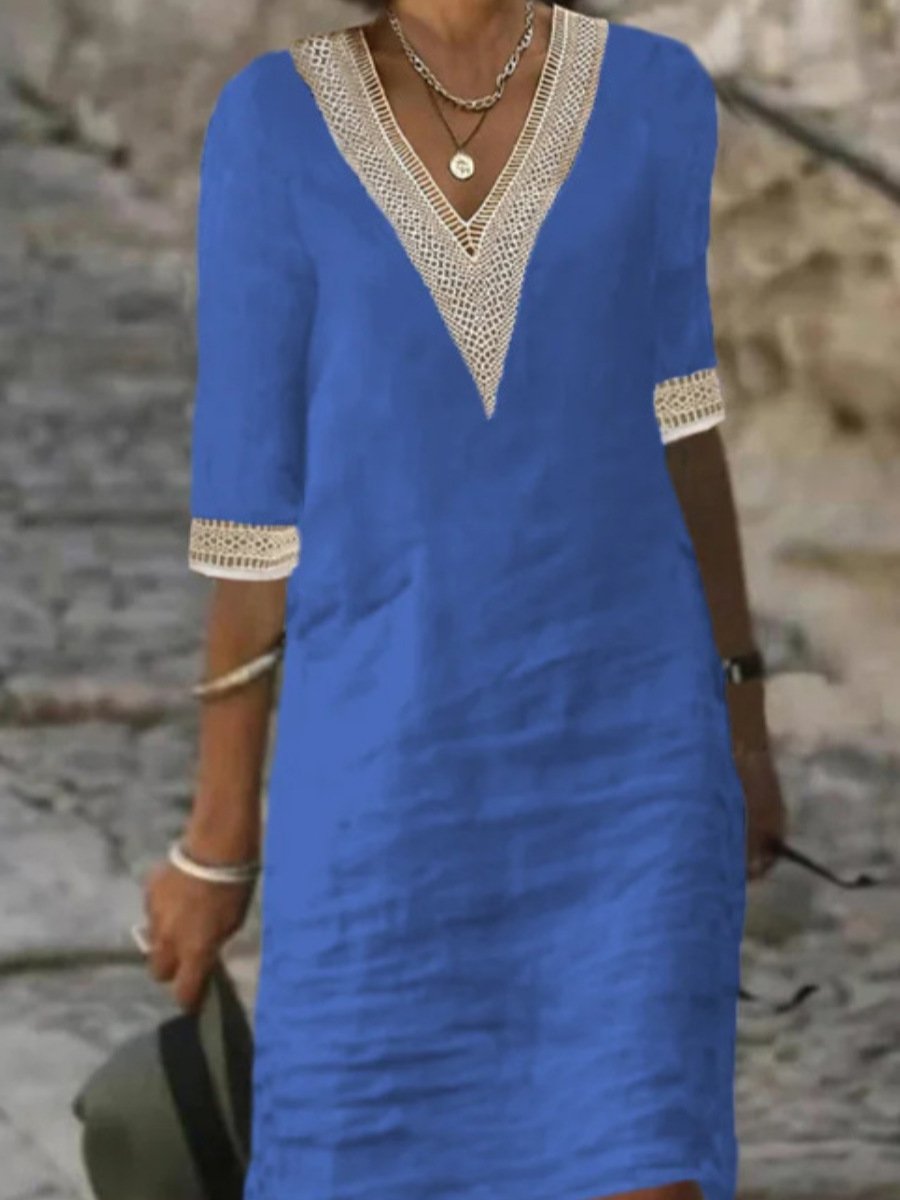 Elegant women's summer V-neck dress with delicate lace trim, perfect for effortless casual day wear.