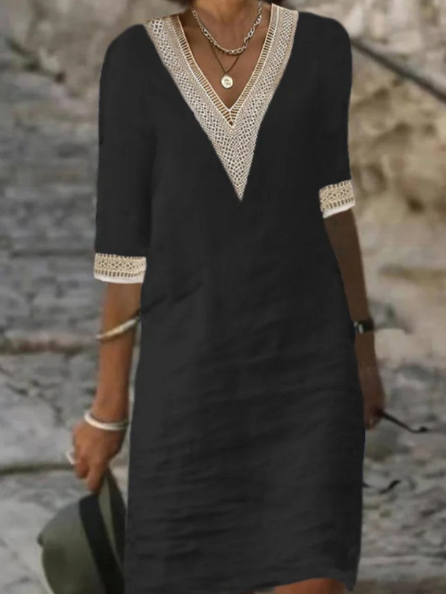 Relaxed fit V-neck dress for women, featuring intricate lace trim & comfortable three-quarter sleeves for daily style.