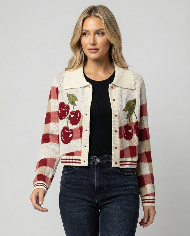 Elegant women's cropped floral cardigan with cherry blossom print, ideal for chic summer outfits.