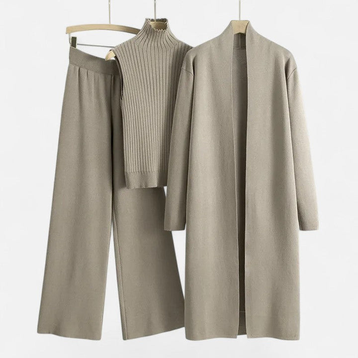 Women's chic 3-piece vest, cardigan & wide leg trousers outfit. Comfortable & elegant fall winter set.