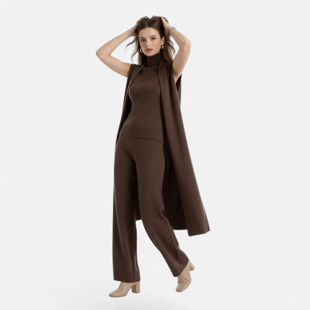 Cozy women's three-piece ensemble: vest, cardigan & wide leg trousers. Luxurious comfort for fall winter.