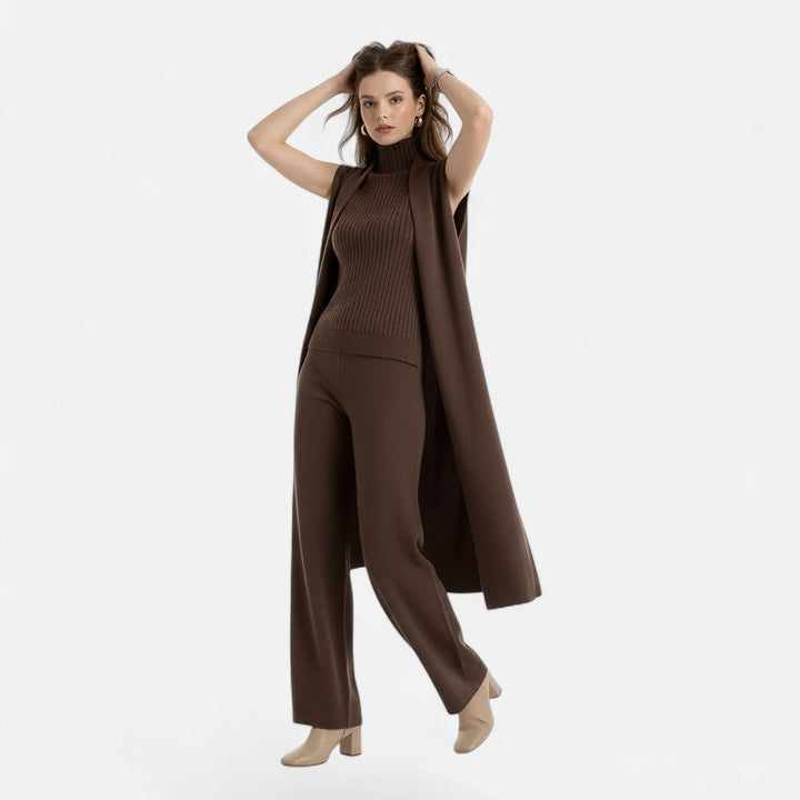 Cozy women's three-piece ensemble: vest, cardigan & wide leg trousers. Luxurious comfort for fall winter.