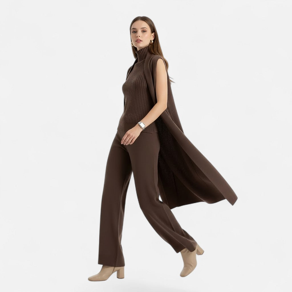 Stylish women's 3-piece outfit: vest, cardigan, wide leg trousers for effortless daily elegance.