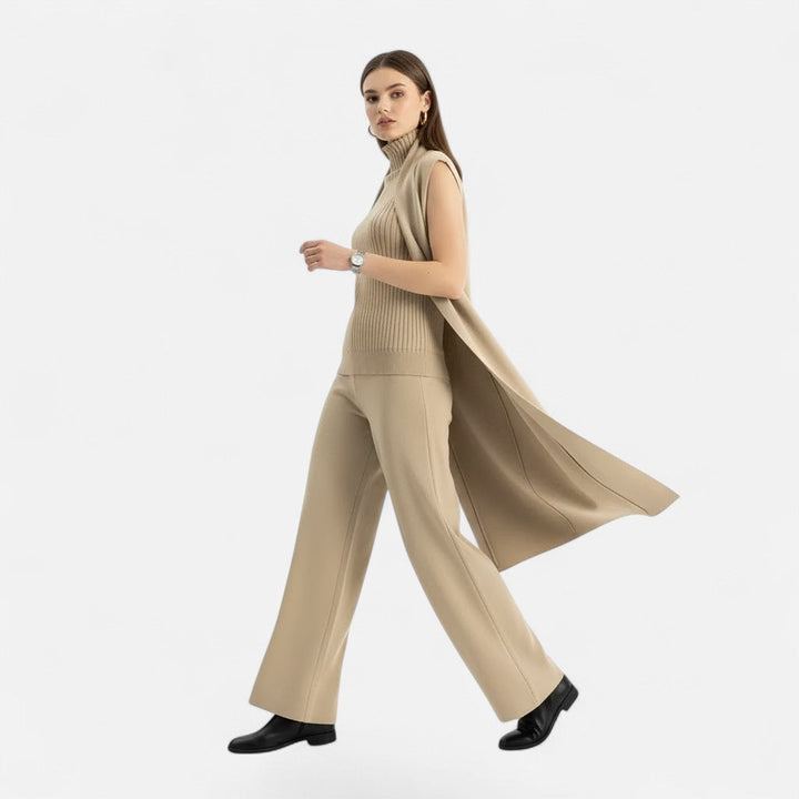 Modern women's 3-piece vest, cardigan & wide leg trousers set. Contemporary casual chic for fall.