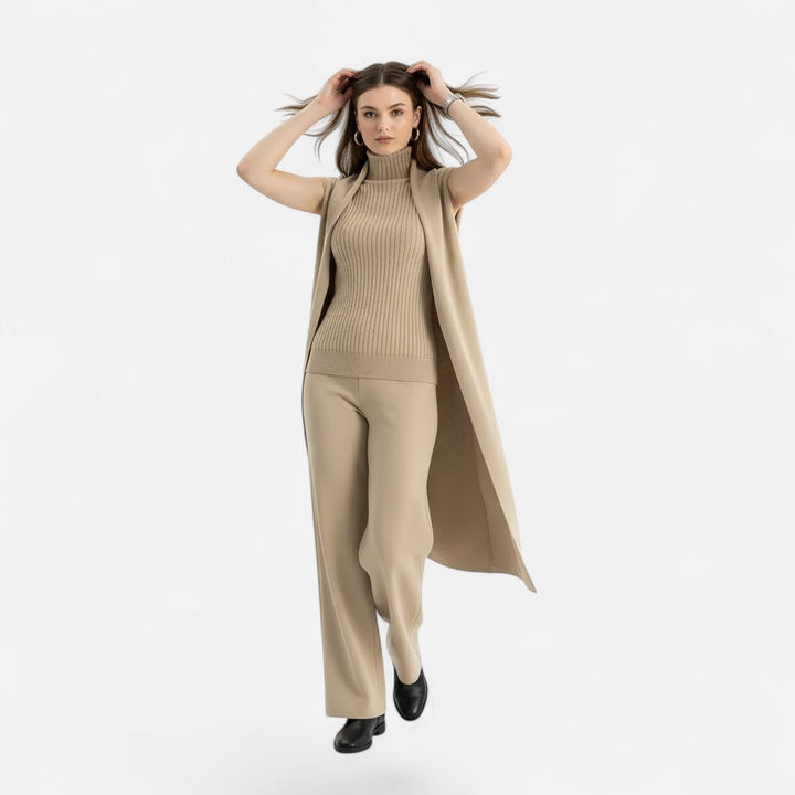 Coordinated women's 3-piece set: vest, long cardigan & wide leg trousers. Elegant & cozy outfit.