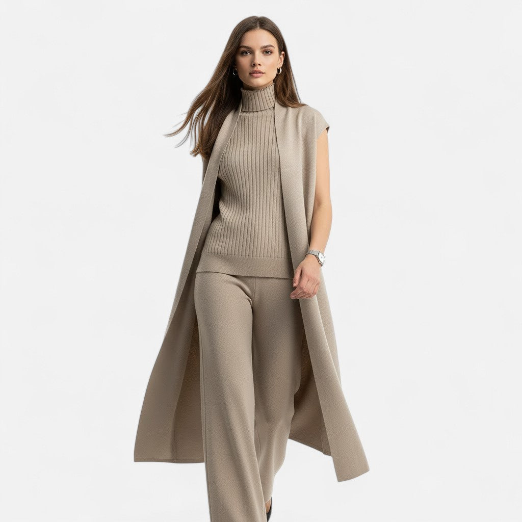 Cozy women's 3-piece lounge set with vest, cardigan & wide leg trousers. Perfect for relaxed chic style.