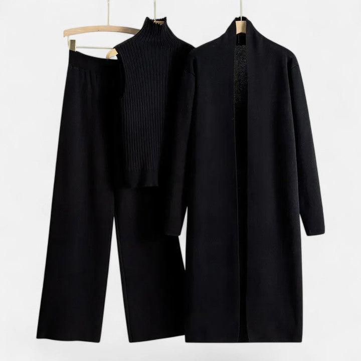 Elegant women's layered 3-piece set: vest, cardigan, wide leg trousers. Ideal for comfortable fall style.
