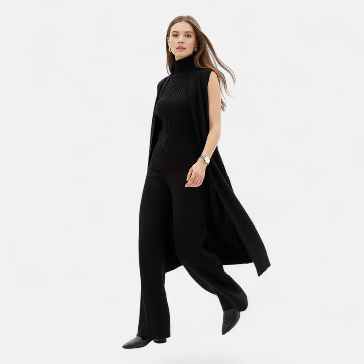 Fall winter women's 3-piece set featuring vest, cardigan & wide leg trousers. Warm, cozy & stylish outfit.
