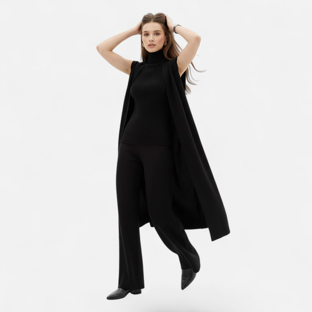 Versatile women's 3-piece outfit: vest, cardigan & wide leg trousers. Easy to style for casual or elegant looks.