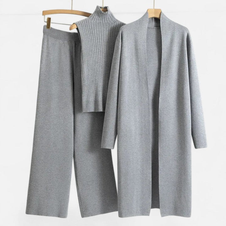 Super comfortable women's 3-piece set: vest, long cardigan & wide leg trousers. Chic lounge wear.