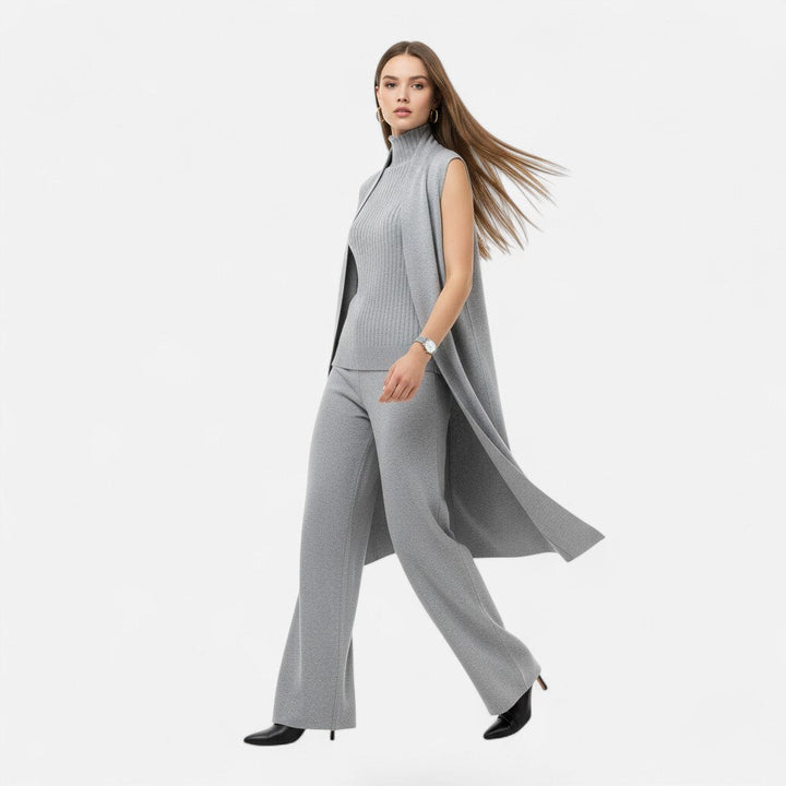Elegant women's three-piece outfit: vest, cardigan & wide leg trousers. Sophisticated fall winter fashion.
