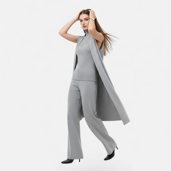 Women's Chic 3-Piece Vest, Cardigan & Trousers Outfit. Stylish, cozy & perfect for everyday wear.