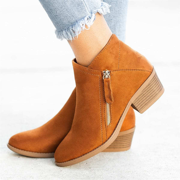 Women's chic black ankle boots with convenient side zipper & sturdy block heel. Perfect fall & winter fashion footwear.