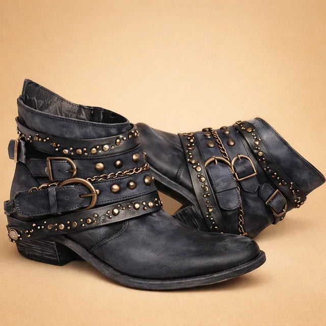 Stylish woman wearing comfortable western ankle boots with a pointed toe, perfect for boho or casual fashion.