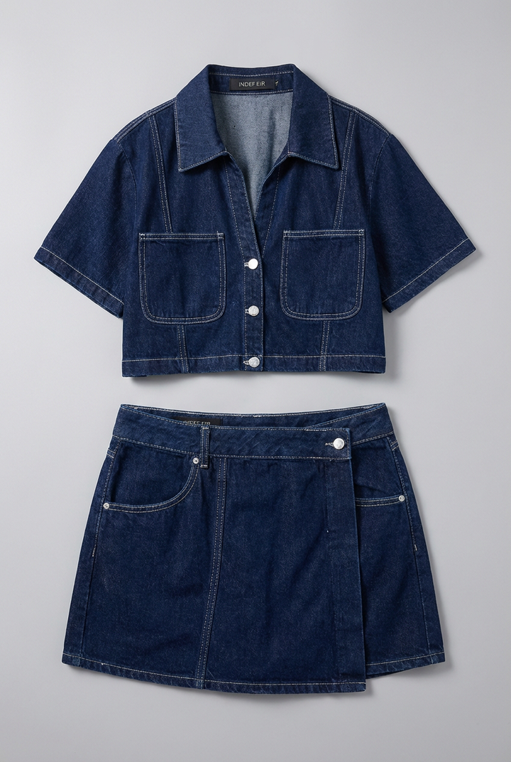 Versatile ladies' matching set: a fashionable cropped shirt and mini skirt for chic summer outfits.
