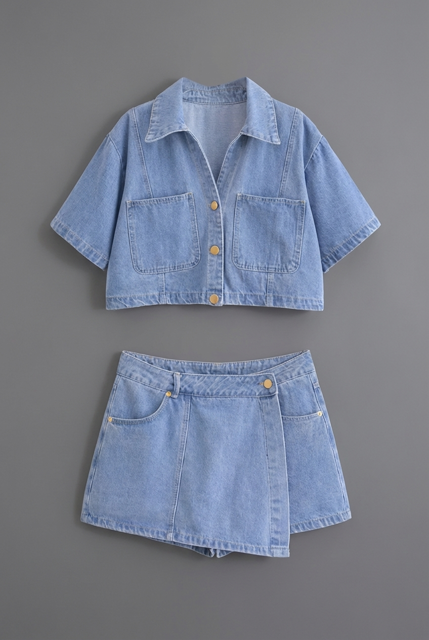 Modern two-piece women's outfit: a short-sleeve cropped top and high-waisted mini skirt for summer.