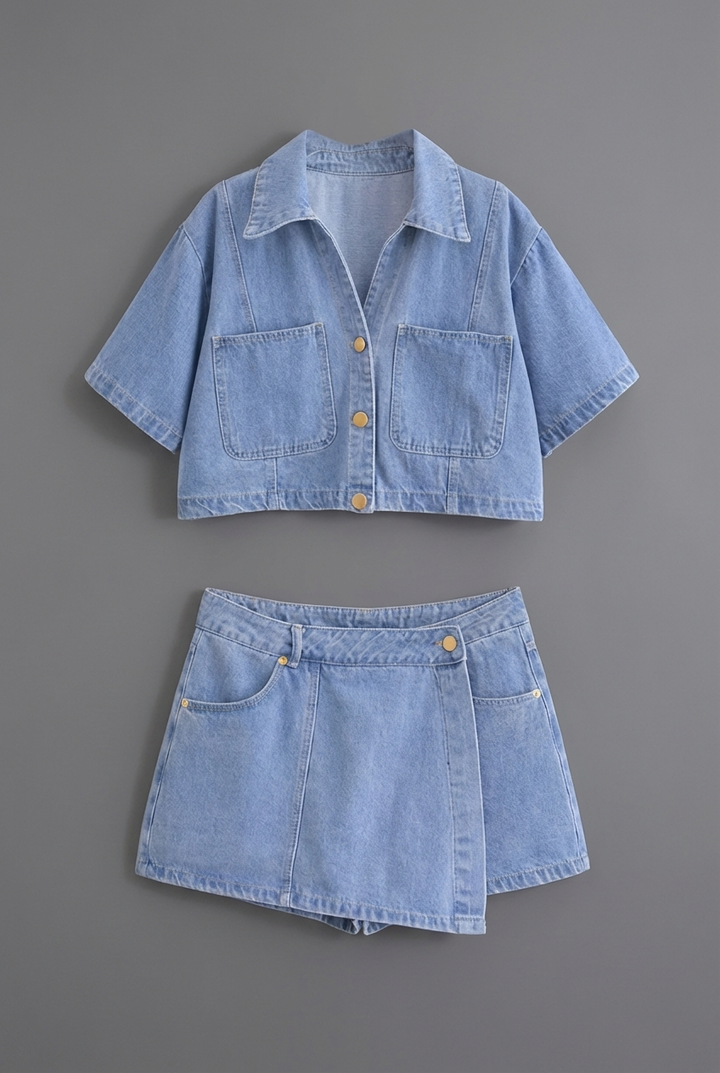 Modern two-piece women's outfit: a short-sleeve cropped top and high-waisted mini skirt for summer.