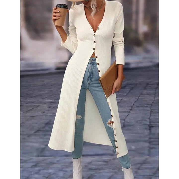 Women's chic longline V-neck button jacket, perfect versatile outerwear for stylish comfort & everyday elegance.