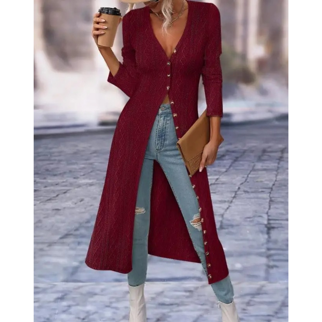 Comfortable women's longline V-neck jacket with buttons, elegant and stylish outerwear for casual or dressy looks.