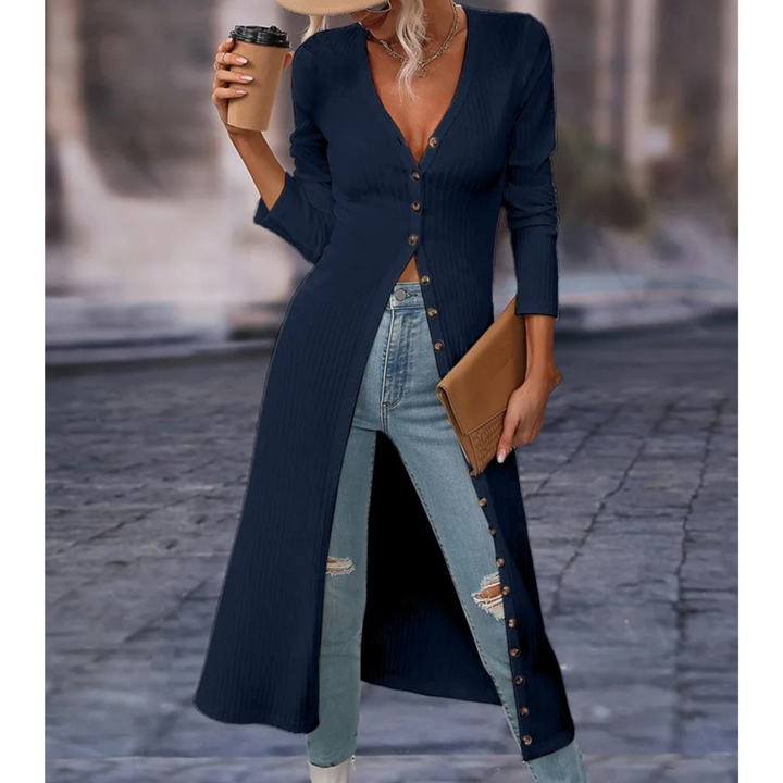 Versatile women's longline V-neck button jacket. Casual or elegant, this outerwear adds style & comfort to any outfit.