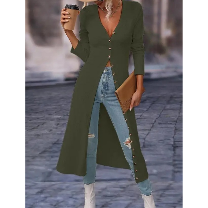 Stylish women's longline V-neck jacket featuring a button closure, designed for comfortable and chic everyday wear.