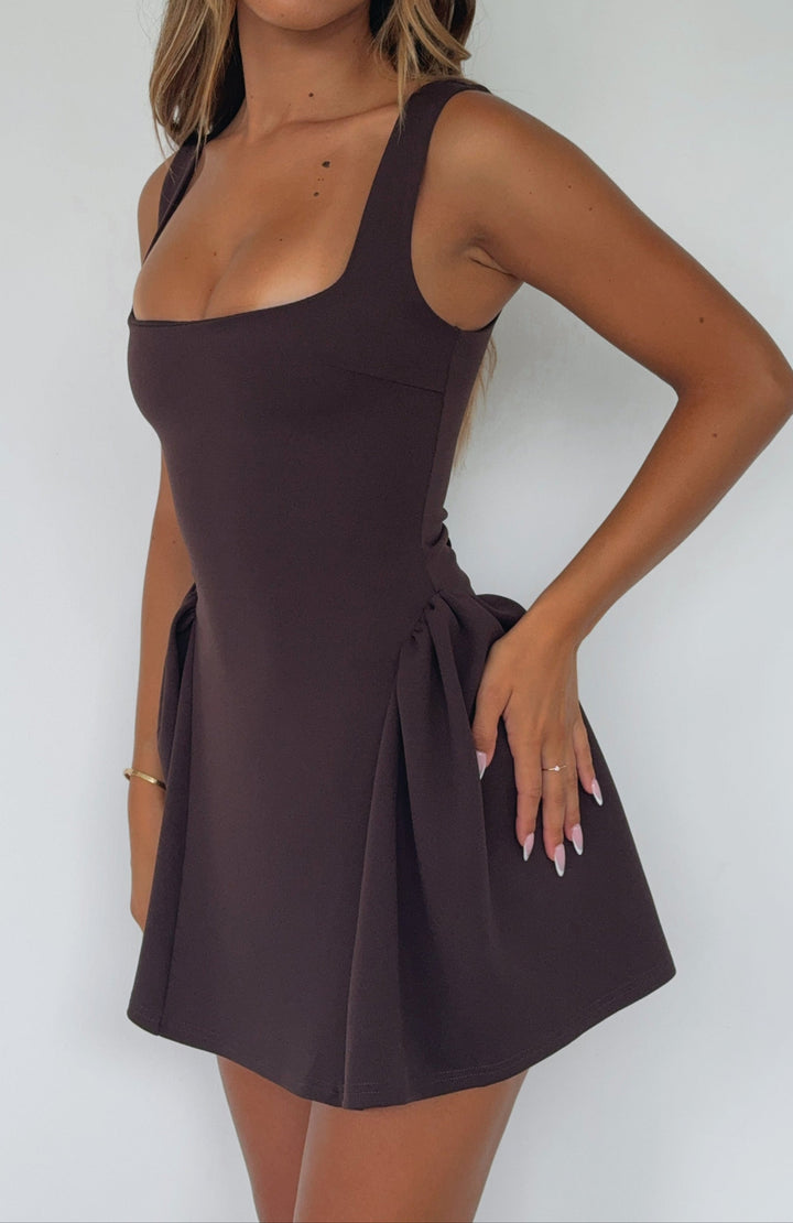 Trendy women's chocolate brown bodycon mini dress with a square neckline & stylish lace-up design.