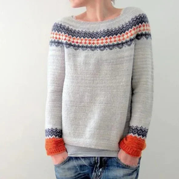 Women's classic Fair Isle crew neck sweater, a cozy knit pullover for winter fashion.