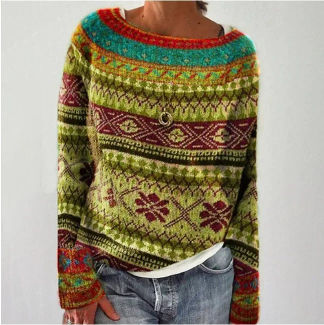 Relaxed fit women's Fair Isle patterned crew neck pullover, perfect long sleeve cozy knit for winter.
