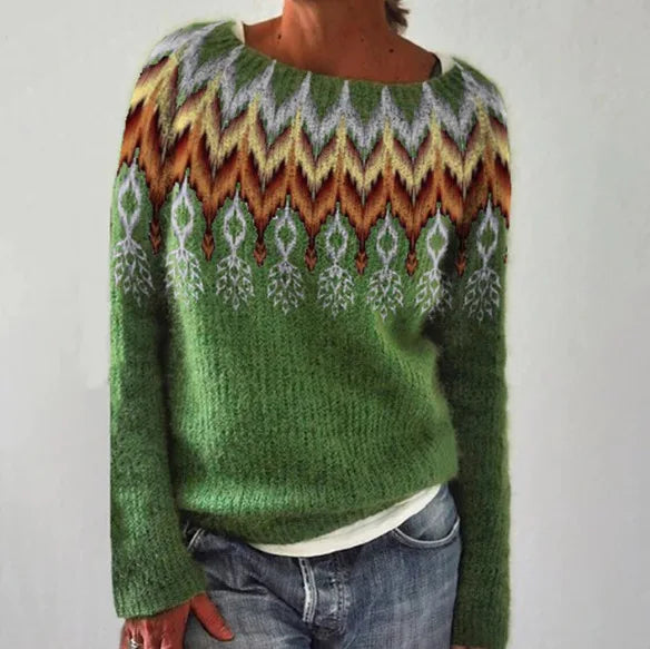Soft, relaxed fit women's Fair Isle crew neck sweater, a stylish patterned long sleeve pullover for winter.