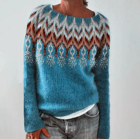 Women's Fair Isle crew neck pullover sweater. Cozy long sleeve knit for winter fashion.