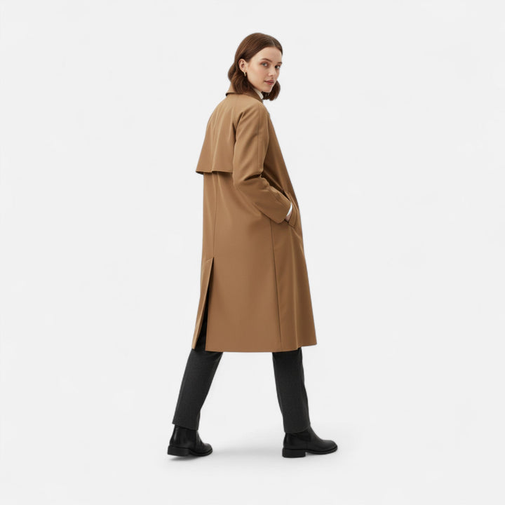 Versatile women's long trench coat. Classic retro style for autumn/winter. Elegant & timeless outerwear.