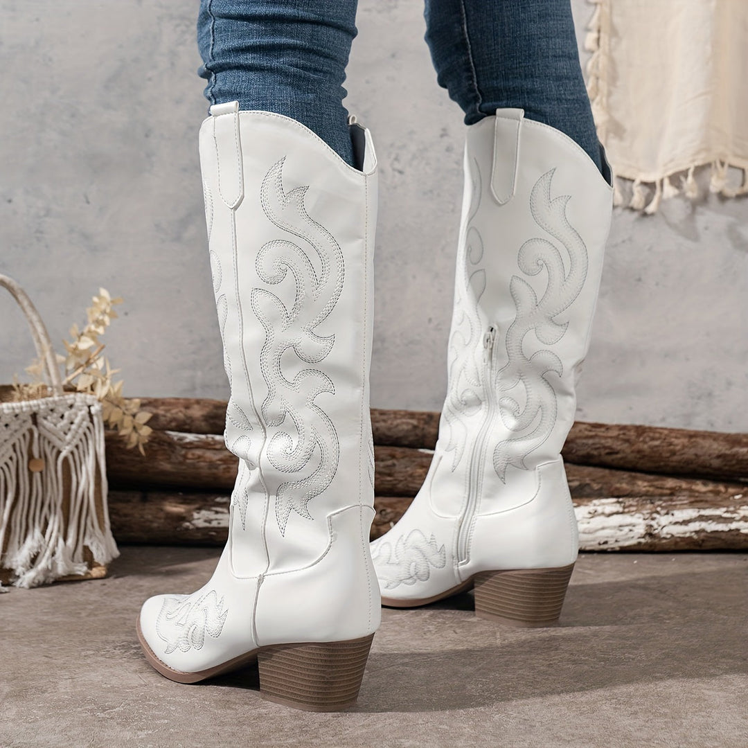 Women's classic knee-high cowboy boots with sturdy block heel and elegant pointed toe.
