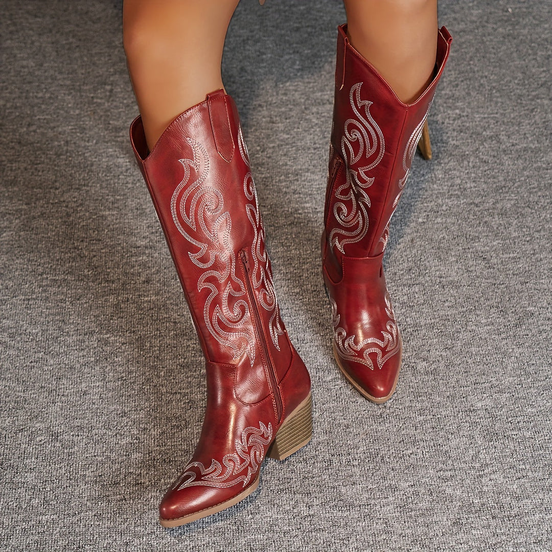 Versatile women's knee-high boots, classic cowboy style, sturdy block heel for all-day wear.